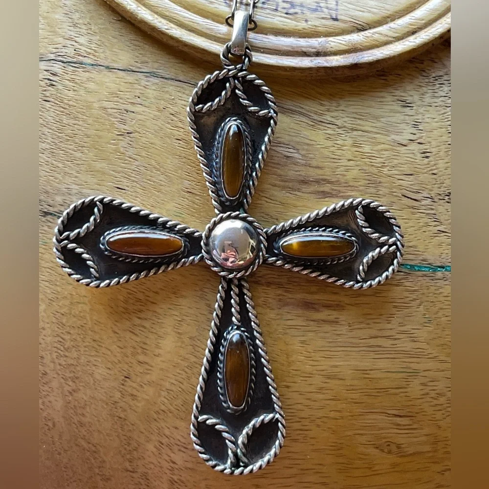 Outstanding Sterling & Tiger’s Eye **BIG** Statement Cross Necklace Mexi…